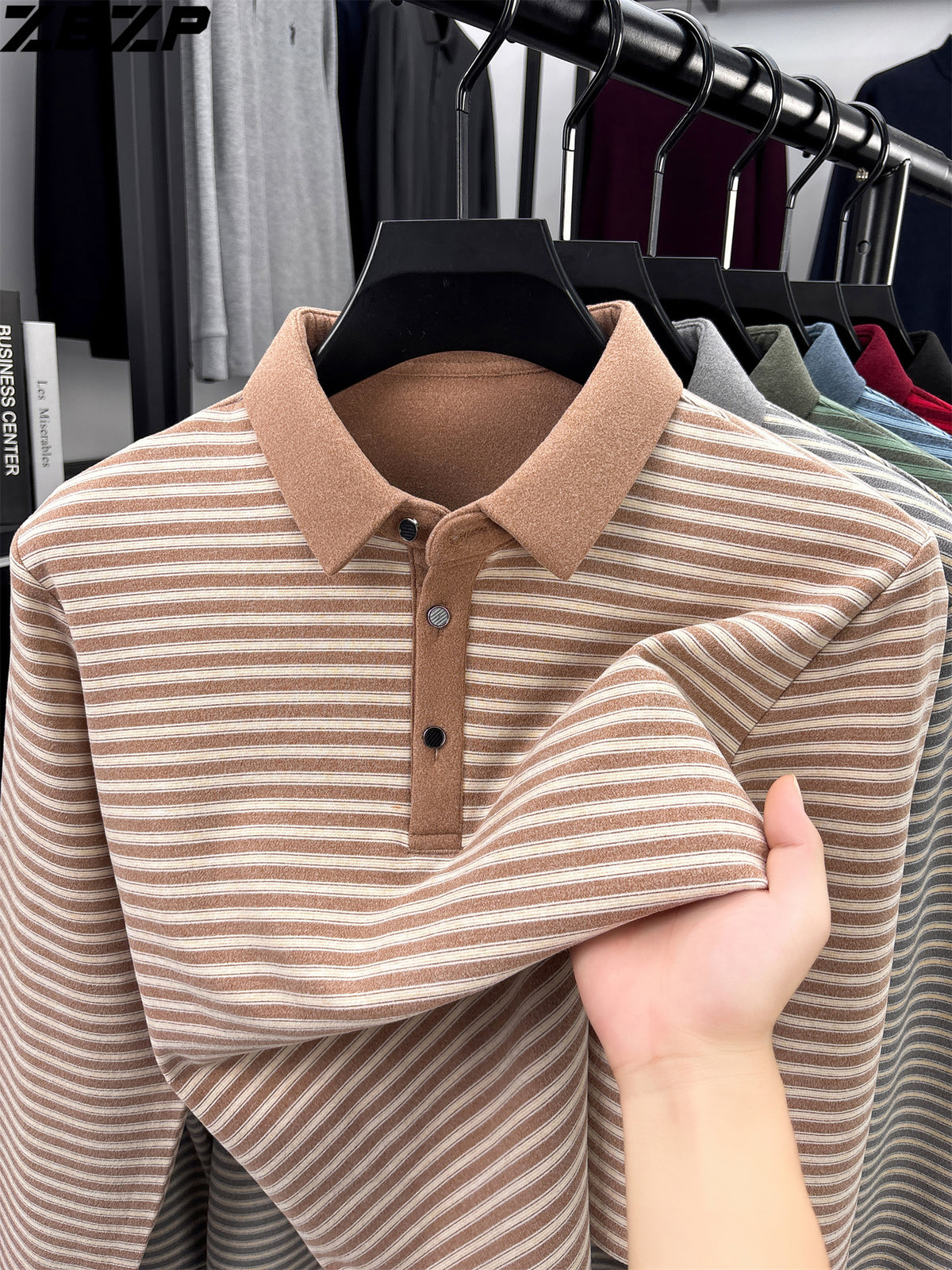 ZBZP Spring Autumn New Men'S Long Sleeve Polo Shirt Lapel Pullover Shirt Easy Business Casual High-End Breathable Long Sleeve T-Shirt Men'S Wear YF - Khaki
