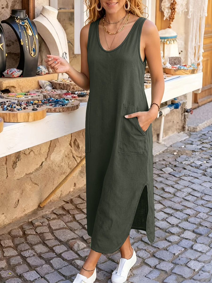 Sleeveless Casual Dress | Crew Neck, Solid Color, Split Detail, Fitted, Spring/Fall, Brand: Amnfuil - Army Green