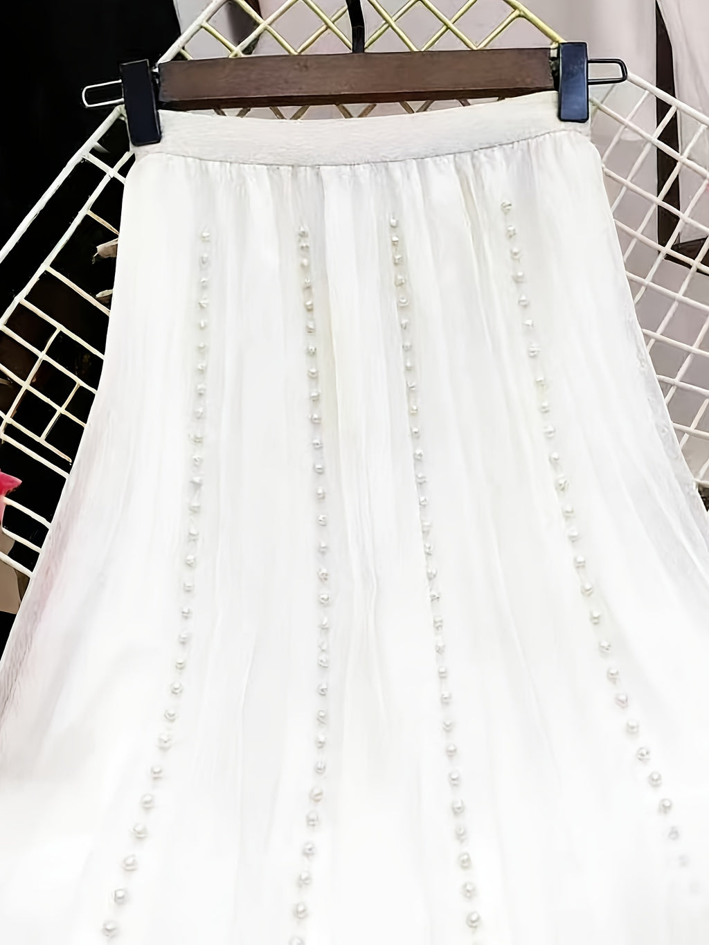 High-Waist Mesh Skirt, New Style Beaded Pleated A-Line Skirt, Solid Color Mesh - White