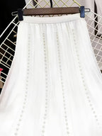 High-Waist Mesh Skirt, New Style Beaded Pleated A-Line Skirt, Solid Color Mesh - White