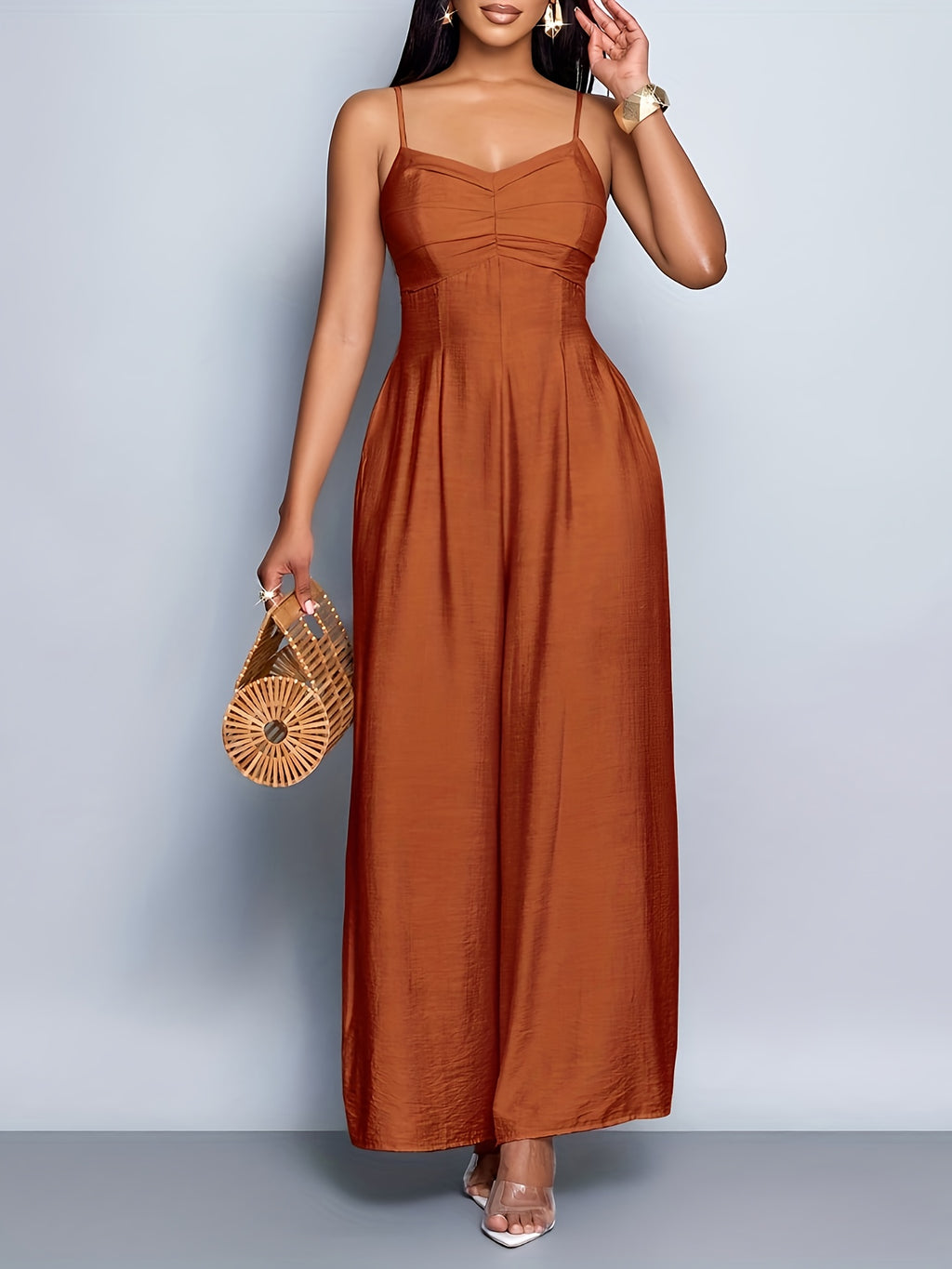 Women'S Draped Front Lace Up Backless Wide Leg Cami Jumpsuit | Elegant Solid Color, Sleeveless, Long Length, Suitable for Everyday Wear & Vacation - Maroon