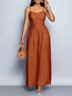 Women'S Draped Front Lace Up Backless Wide Leg Cami Jumpsuit | Elegant Solid Color, Sleeveless, Long Length, Suitable for Everyday Wear & Vacation - Maroon