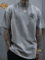 Le Yitong Big Mouth Monster Big Head Sketch Front And Back Print Washed T-Shirt, American Retro Washed Distressed Style Loose Short Sleeve, Unisex Machine Washable T-Shirt, Suitable for Daily Wear, Commuting, And Outdoor Outfits - Grey