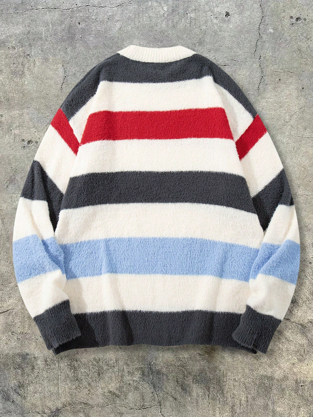 Men's Sweater, Fashionable Street Style, Versatile for Daily Commute and Home Wear, Two-Tone Striped Crew Neck Long Sleeve Loose Knit Pullover, Autumn/Winter Style - White
