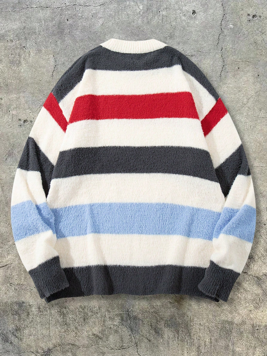 Men's Sweater, Fashionable Street Style, Versatile for Daily Commute and Home Wear, Two-Tone Striped Crew Neck Long Sleeve Loose Knit Pullover, Autumn/Winter Style - White