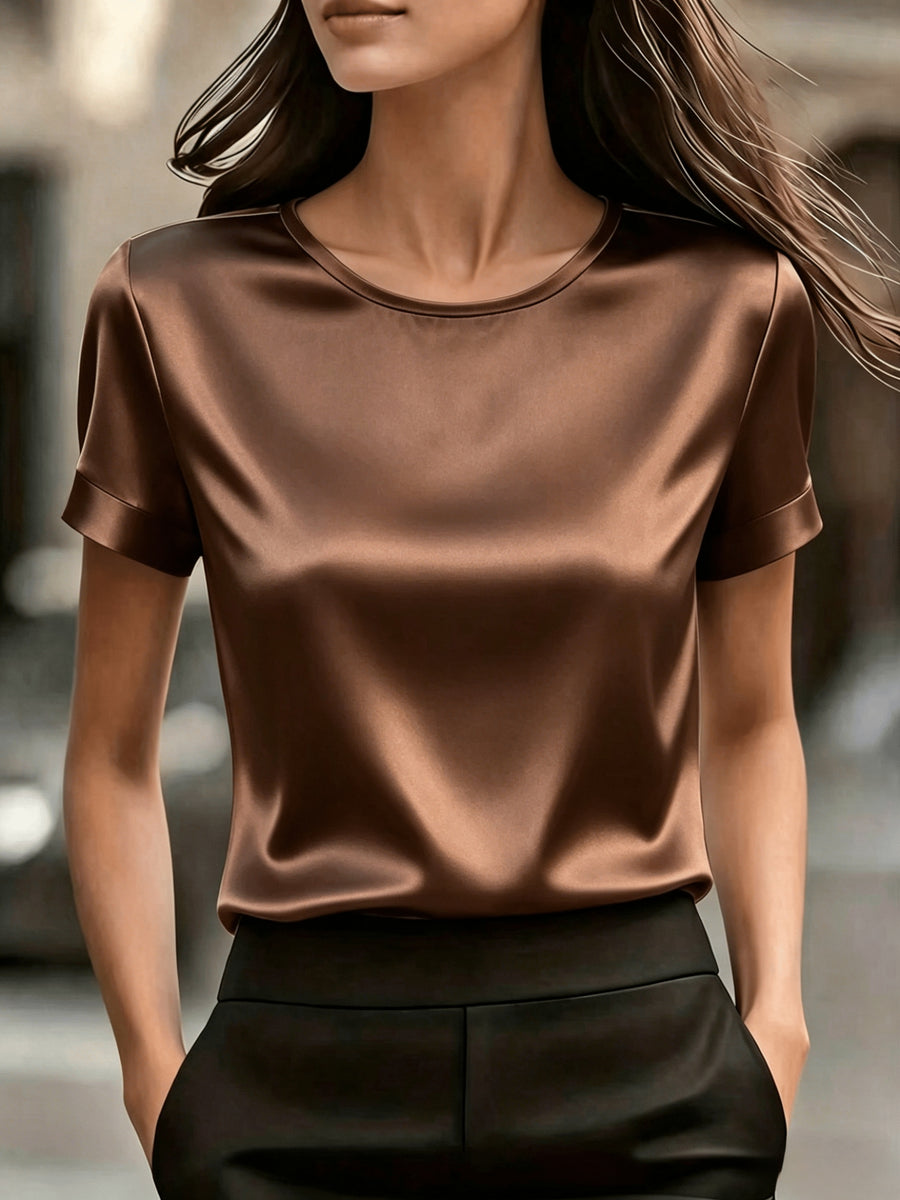 Women's Simple Round Neck Short Sleeve T-Shirt - Satin Texture, Ideal for Mother's Day & Independence Day Commute, Suitable for Spring & Summer Office & Casual Looks, Luxury Style Outfit - Coffee Color
