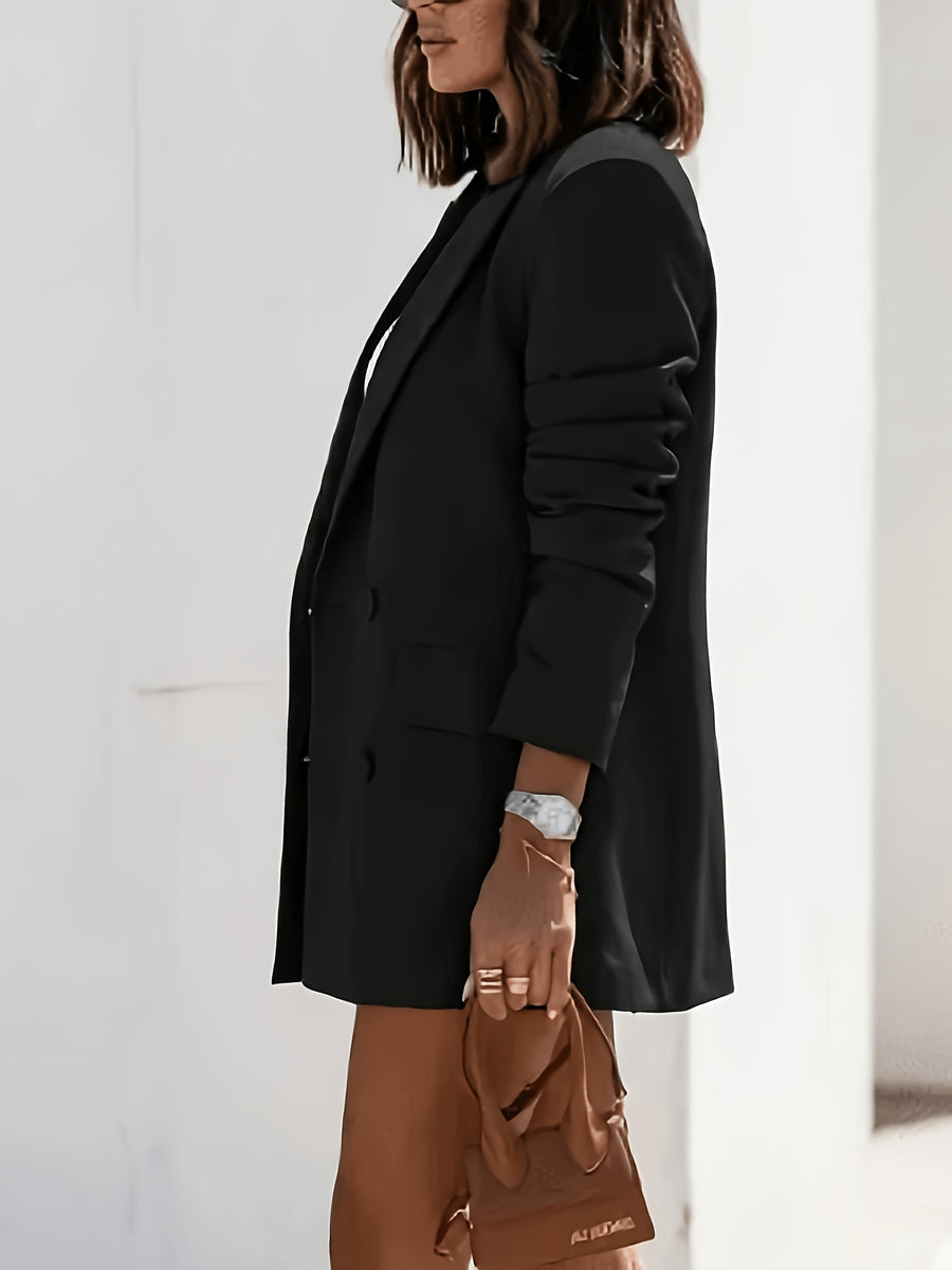 Fashion Women'S Elegant Suit Jacket Trendy Solid Color Lapel Double-Breasted Blazer - Black