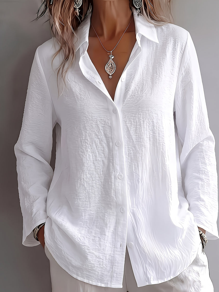 Women's Elegant V-Neck Loose Fit Lazy Linen Textured Shirt - White
