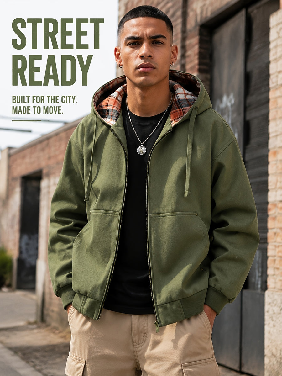 Men'S Full-Zip Hooded Jacket, Non-Removable Hood with Plaid Lining, Drawstring Hood Design, Large Kangaroo Pockets, Ribbed Cuffs And Hem, Loose Fit, Urban Street Casual Cargo Jacket - Olive