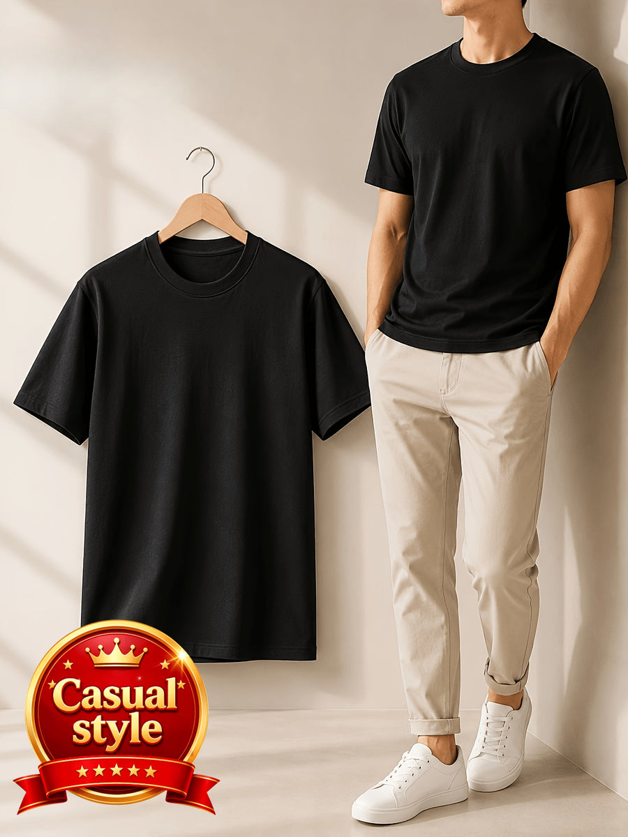 Men's Solid Color T-Shirt, High-Stretch Breathable Lightweight Quick-Dry Casual Crew Neck Base Layer Top, Versatile for Sports, Outdoors, and Daily Wear. A Genuine, High-Quality, Premium Gift for Holidays - Black