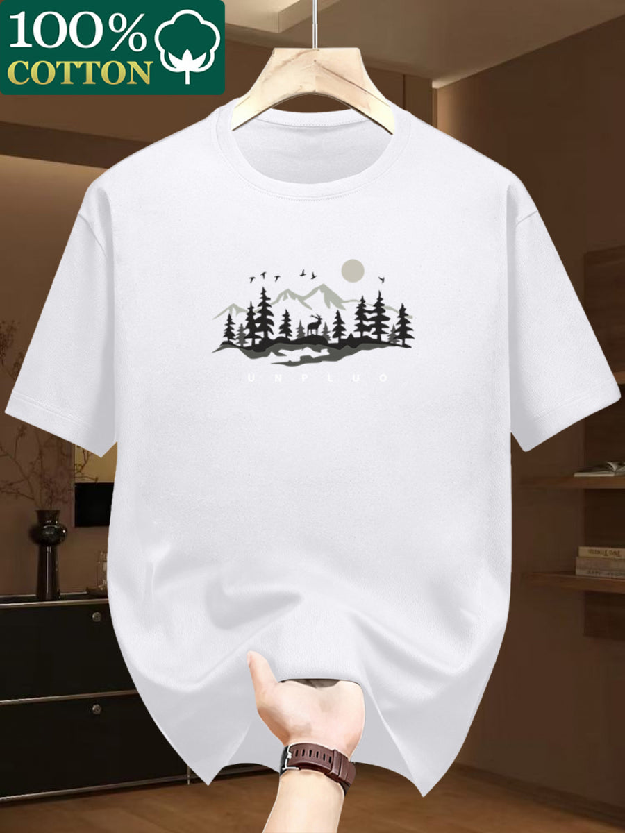 100% Cotton. Men's Short-sleeve T-shirt. Fashionable Tree Pattern, Summer Short-sleeve Casual Men's Fashion. Versatile Base Layer. Suitable for Outdoor Casual Wear - White