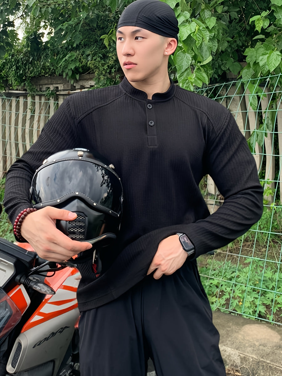Men'S Casual Sports T-Shirt, Men'S Fashion Trend Splicing Design Stand-Up Collar Long-Sleeved Men'S T-Shirt Men'S Sweatshirt, Loose Fit Textured Fabric, Suitable for Daily Casual Wear - Black