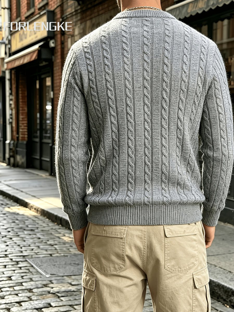 FORLENGKE Autumn Winter Men'S Henley Collar Half-Button Cable Knit Top Vintage Street Style 3D Twist Knit Long Sleeve Sweater Loose Slimming Casual Versatile Inner Wear Outer Wear Pullover Shirt - Grey