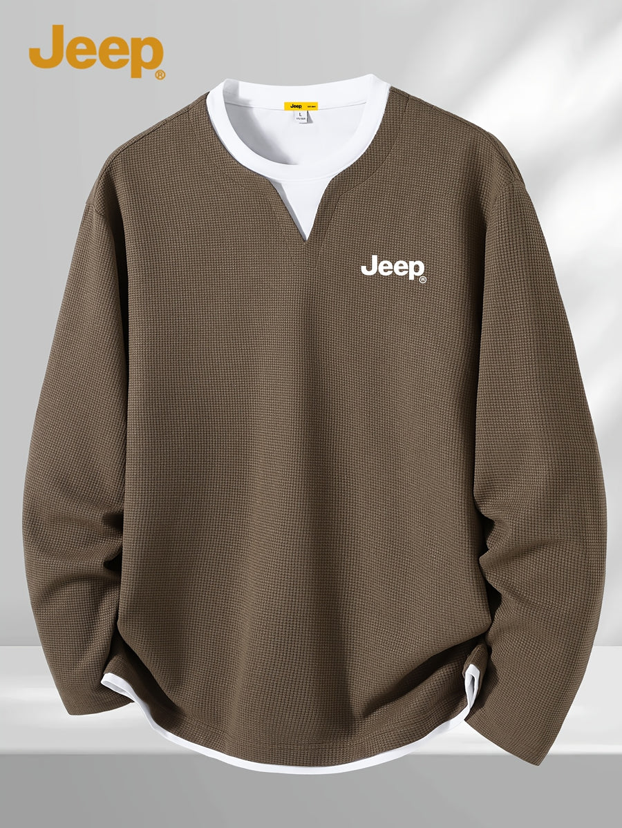 JEEP Men's Spring/Autumn Waffle Knit Colorblock 2-in-1 Look Long T-shirt - Coffee Color