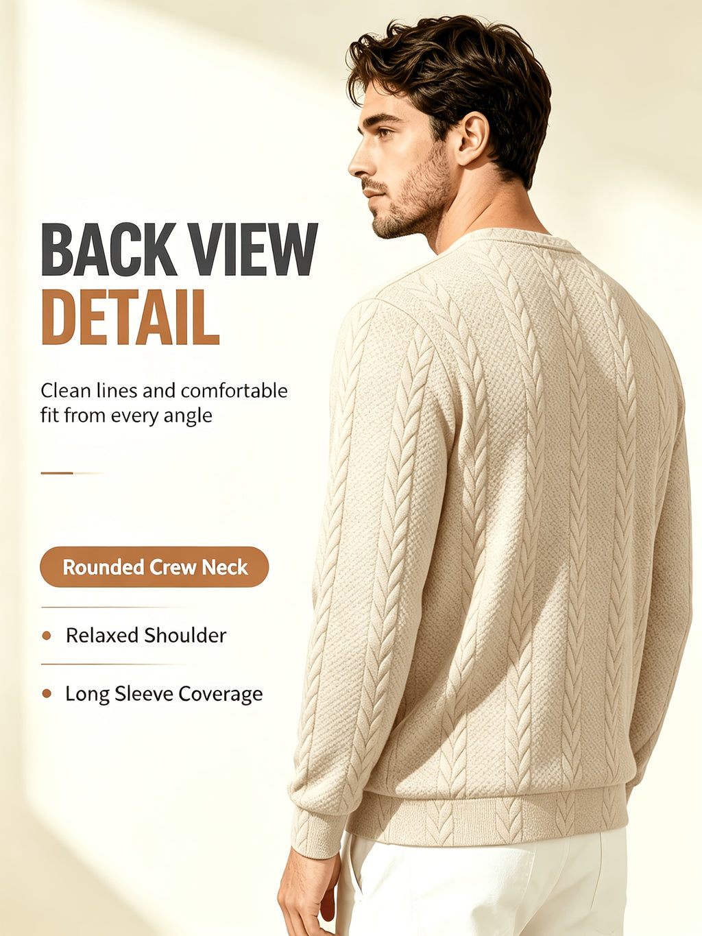 Men's Crew Neck Jacquard Sweatshirt, Fashionable and Versatile Sweatshirt for Spring and Autumn, Suitable for Outerwear or Layering, Features Three-Dimensional Visual Texture, Comfortable to Wear, Ideal for Casual, Vacation, Travel, and Home Wear - Khaki