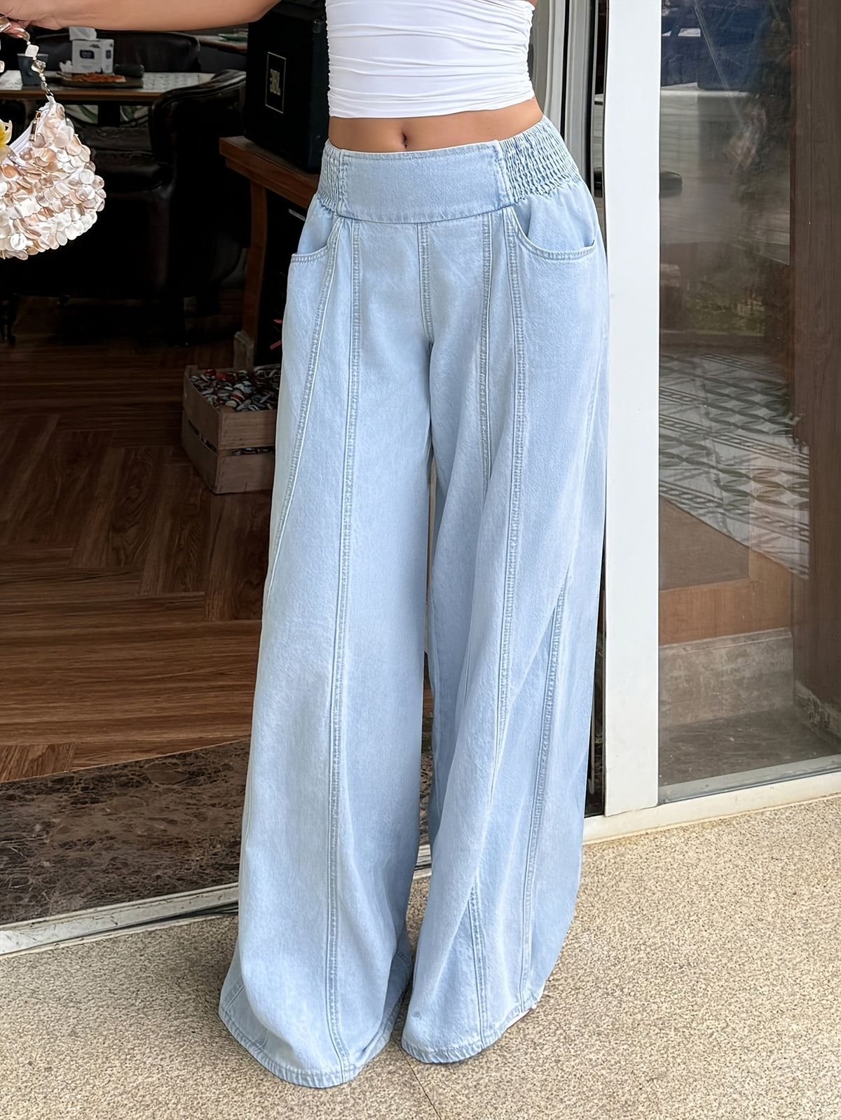2026 New Women'S Straight-Leg Jeans, Acid-Wash Blue Wide-Leg Trousers, High-Waist Tummy-Control Mom Jeans, Elastic Shirred Casual Pants - Perfect for Travel, Work, And Vacation - Light Blue