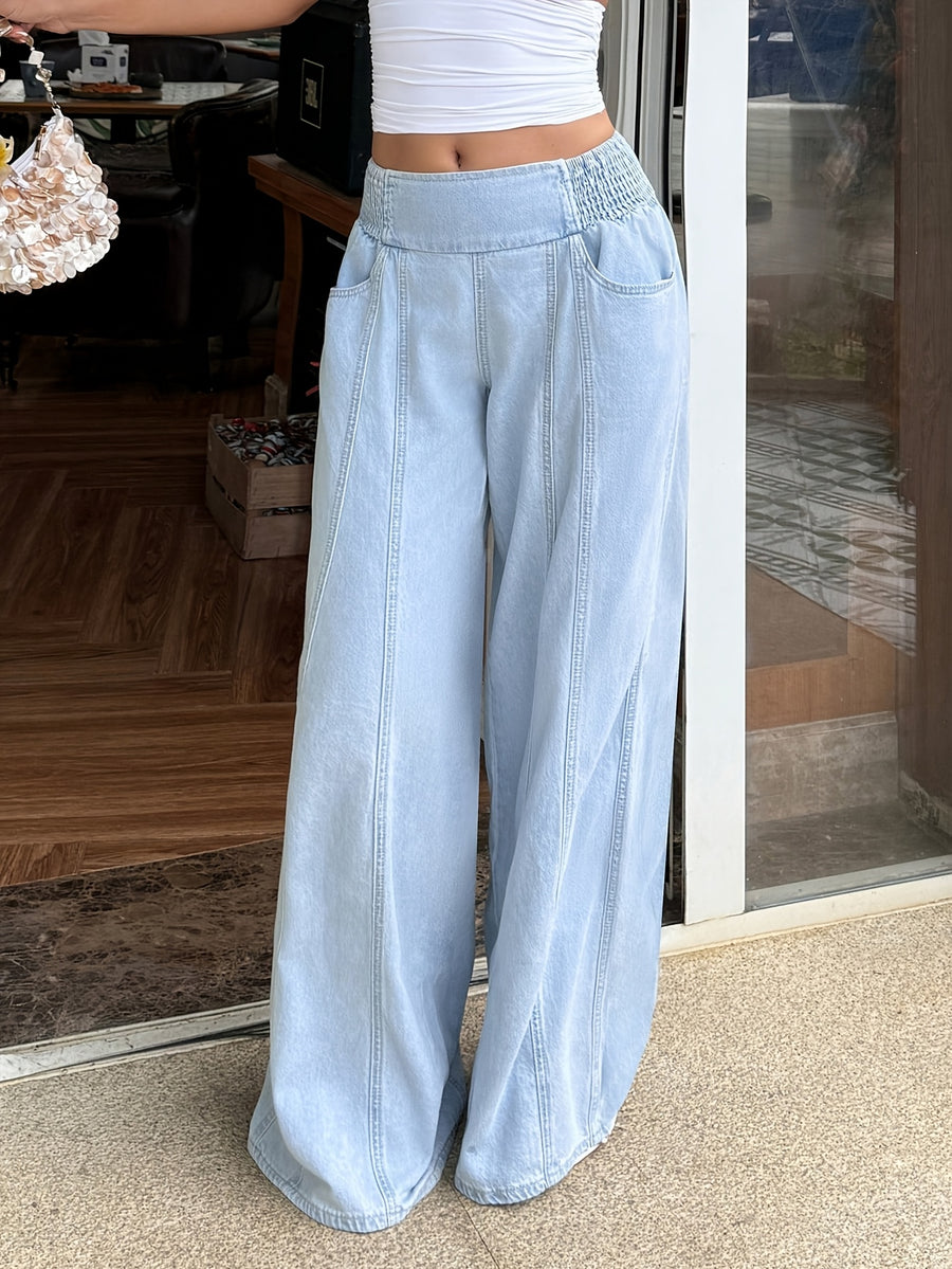 2026 New Women'S Straight-Leg Jeans, Acid-Wash Blue Wide-Leg Trousers, High-Waist Tummy-Control Mom Jeans, Elastic Shirred Casual Pants - Perfect for Travel, Work, And Vacation - Light Blue