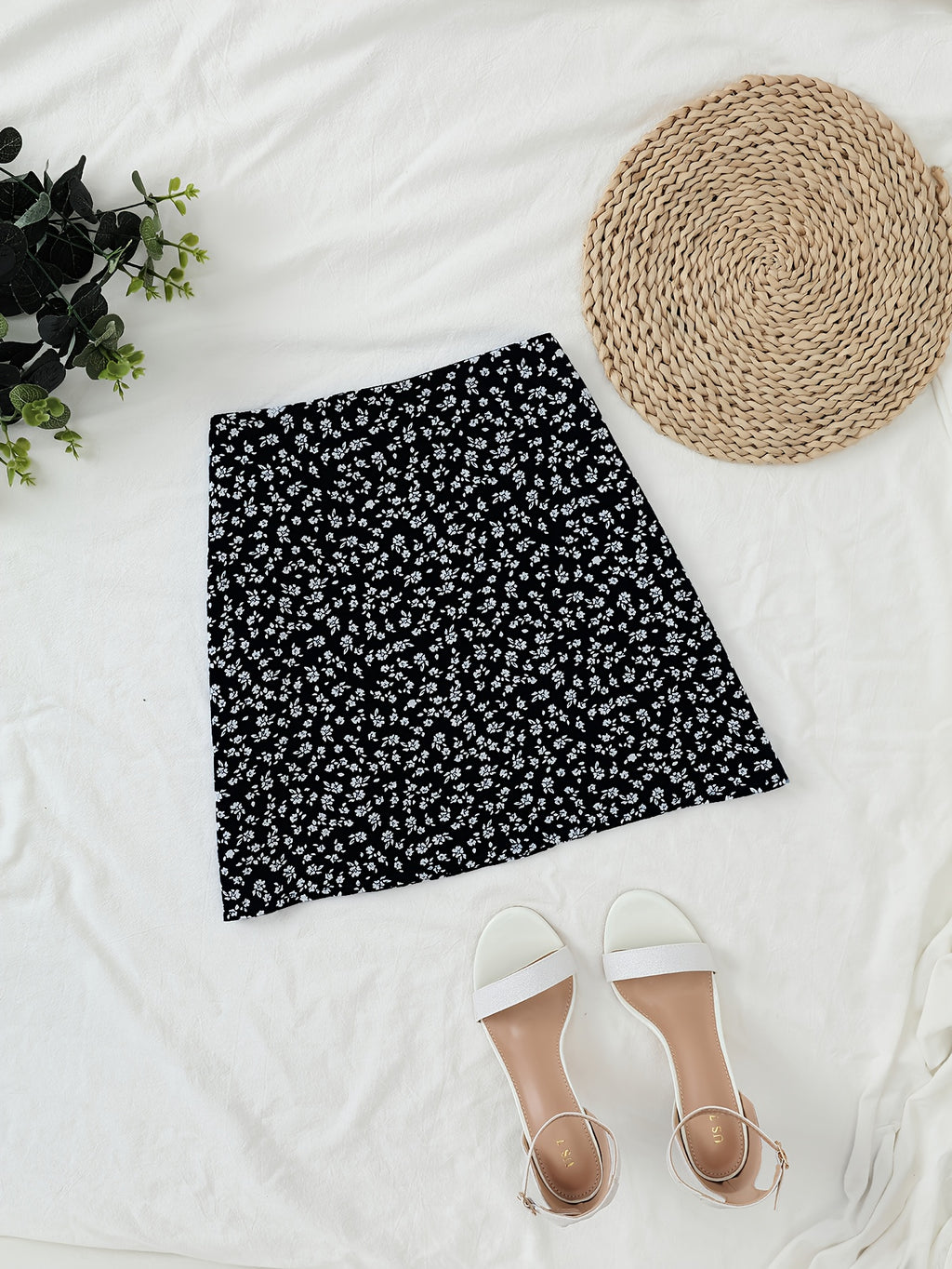 Floral Print Wrap Tie Midi Skirt - Black
