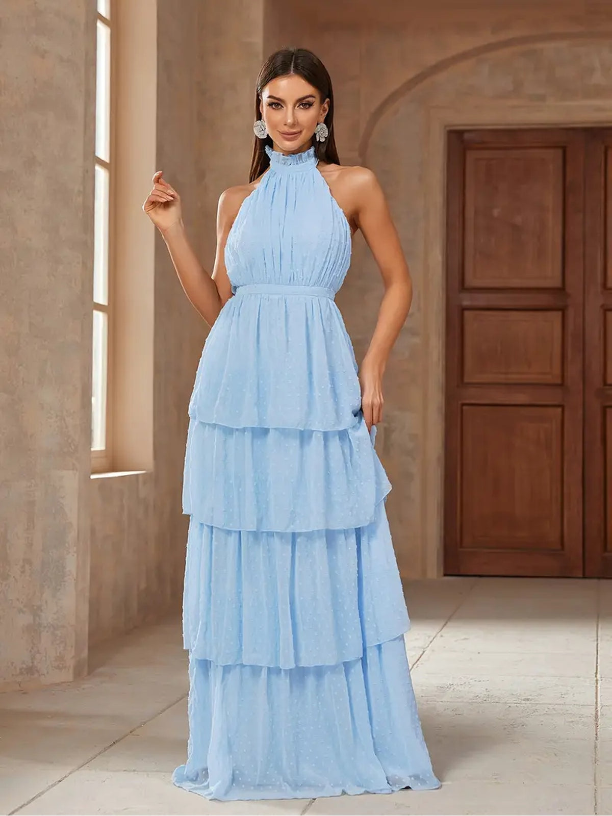 Blue Halter Neck Pleated Waist Multi-Layer Cake Dress Long Elegant Gown, Tiered Ruffle Hem High Neck Dress, Elegant Backless Evening Dress, Women's Clothing - Blue