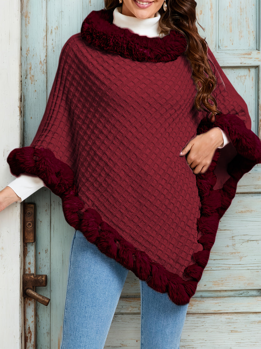 Elegant Special Edition "Pure Body Bust" - 1pc Elegant Women's Solid Color Waffle Shawl Pullover, 100% Polyester Fiber, Faux Trim Collar Patchwork, Stylish and Elegant European/American Style Warm Pullover, Suitable for Autumn/Winter - Burgundy