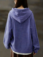 Autumn Winter Women'S Fashion Ribbed Cloud Plush Casual Hoodie - Navy Color
