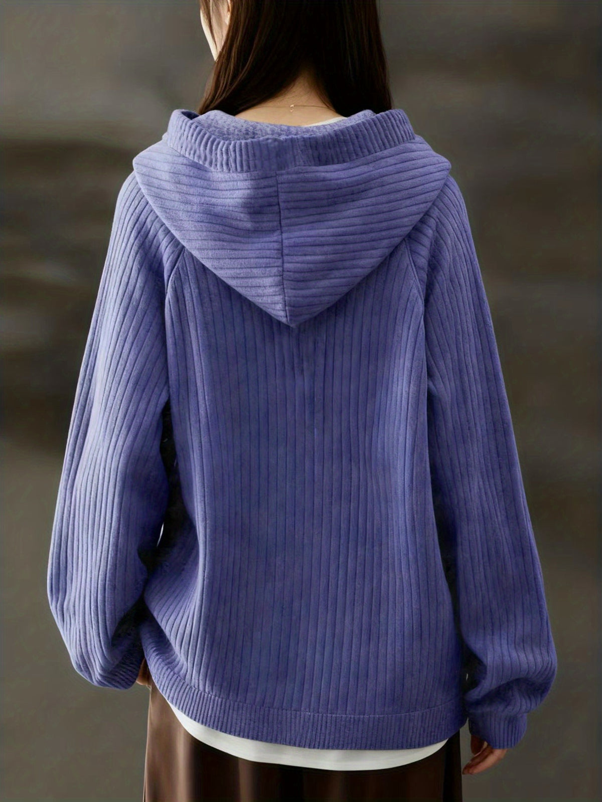 Autumn Winter Women'S Fashion Ribbed Cloud Plush Casual Hoodie - Navy Color