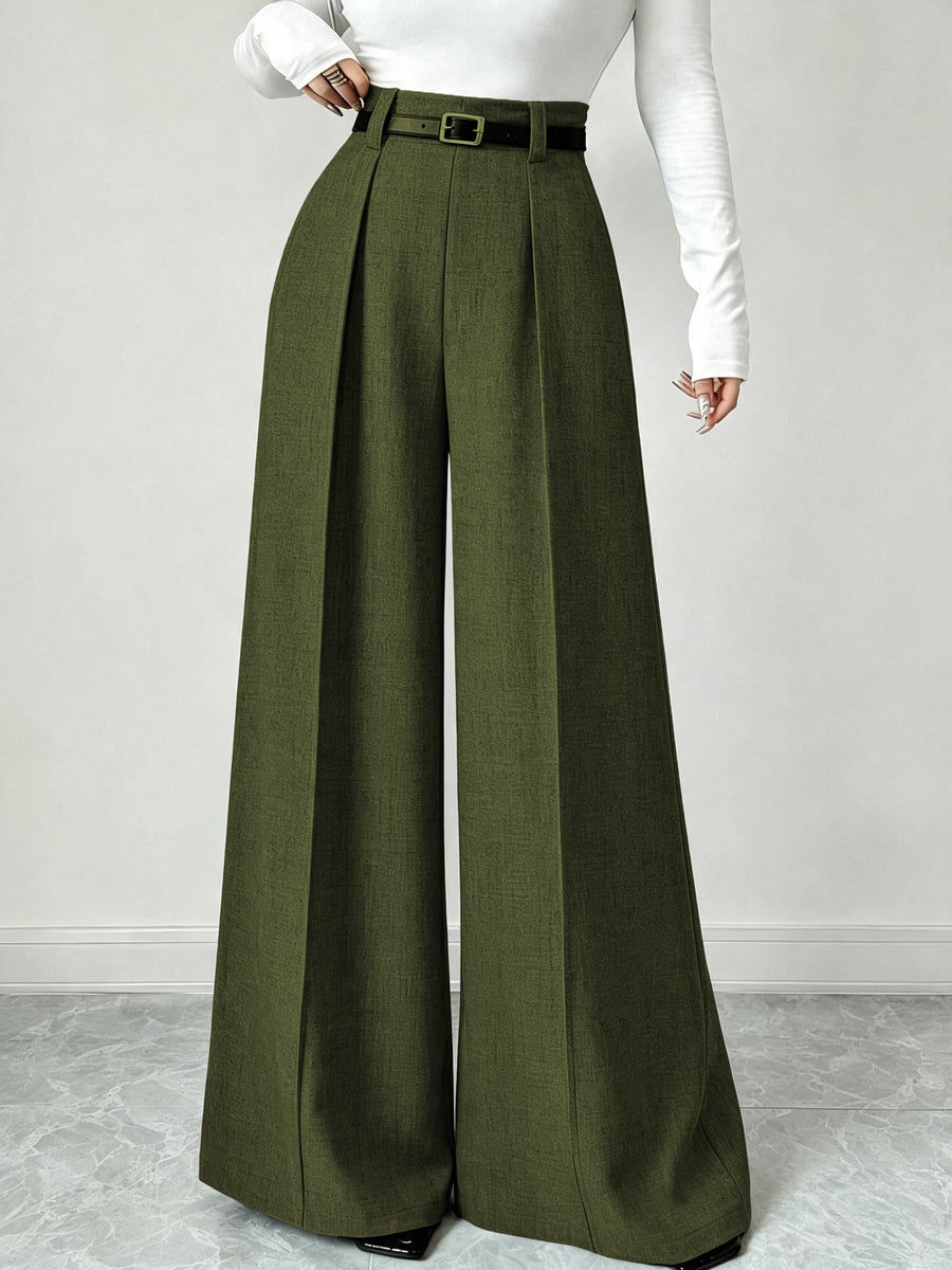 Women High Waist Front Pleated Wide Leg Dress Pants Without Belt, Elegant Flowy Straight Leg Suit Palazzo Trousers, Casual Business Office Work Long Pants, Loose Fit Formal Trousers for Ladies Daily Work Outfit - Olive Green