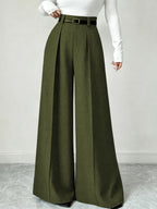 Women High Waist Front Pleated Wide Leg Dress Pants Without Belt, Elegant Flowy Straight Leg Suit Palazzo Trousers, Casual Business Office Work Long Pants, Loose Fit Formal Trousers for Ladies Daily Work Outfit - Olive Green