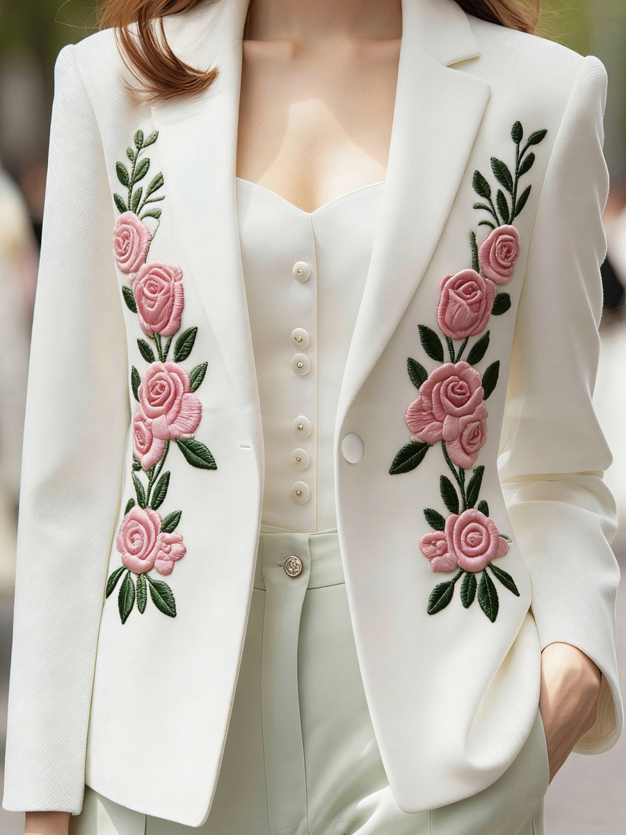 Women White Notched Lapel Blazer Elegant Floral Embroidery Slim Suit Jacket Elegant White Tailored Blazer Green Leaf Butterfly Embroidery Single Button Outerwear Vintage Floral Butterfly Embroidery White Blazer Ladies Formal Office Suit Jacket - Pink Embroidery