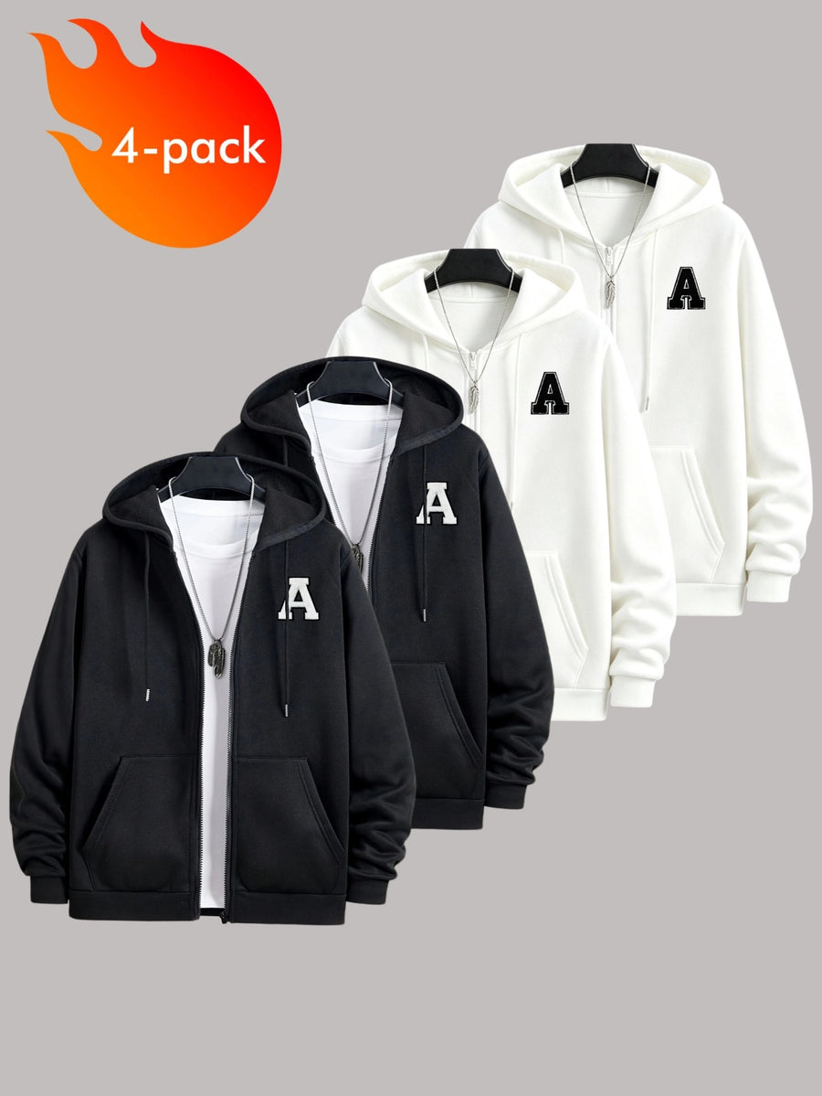 50% Cotton, 50% Polyester, 4pcs Men's Zippered Hooded -Lined Sweatshirt, Men's Apparel, Long-Sleeve Jacket, Zippered Top, Hooded Sweatshirt, Pockets, Drawstring, Suitable for Outings, Casual Wear, Back-to-School Season, Gift for Boyfriend - Black+black+white+white