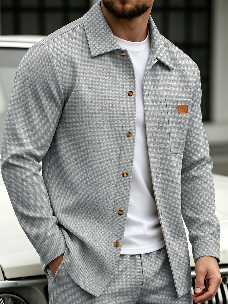 Men'S Waffle Knit Button-Up Shirt for Autumn/Winter, Lapel Pocket Long Sleeve Shirt Jacket, Casual Streetwear Loose Lightweight Casual Shirt Jacket - Grey