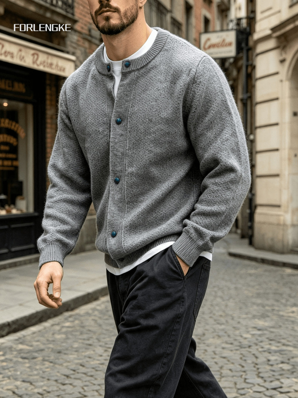 FORLENGKE Autumn Winter Men'S Retro Round Neck Knit Cardigan Heavyweight Hollow Texture Blue Button Loose Sweater Trendy Street Casual All-Match Long Sleeve Top Jacket - Light Grey