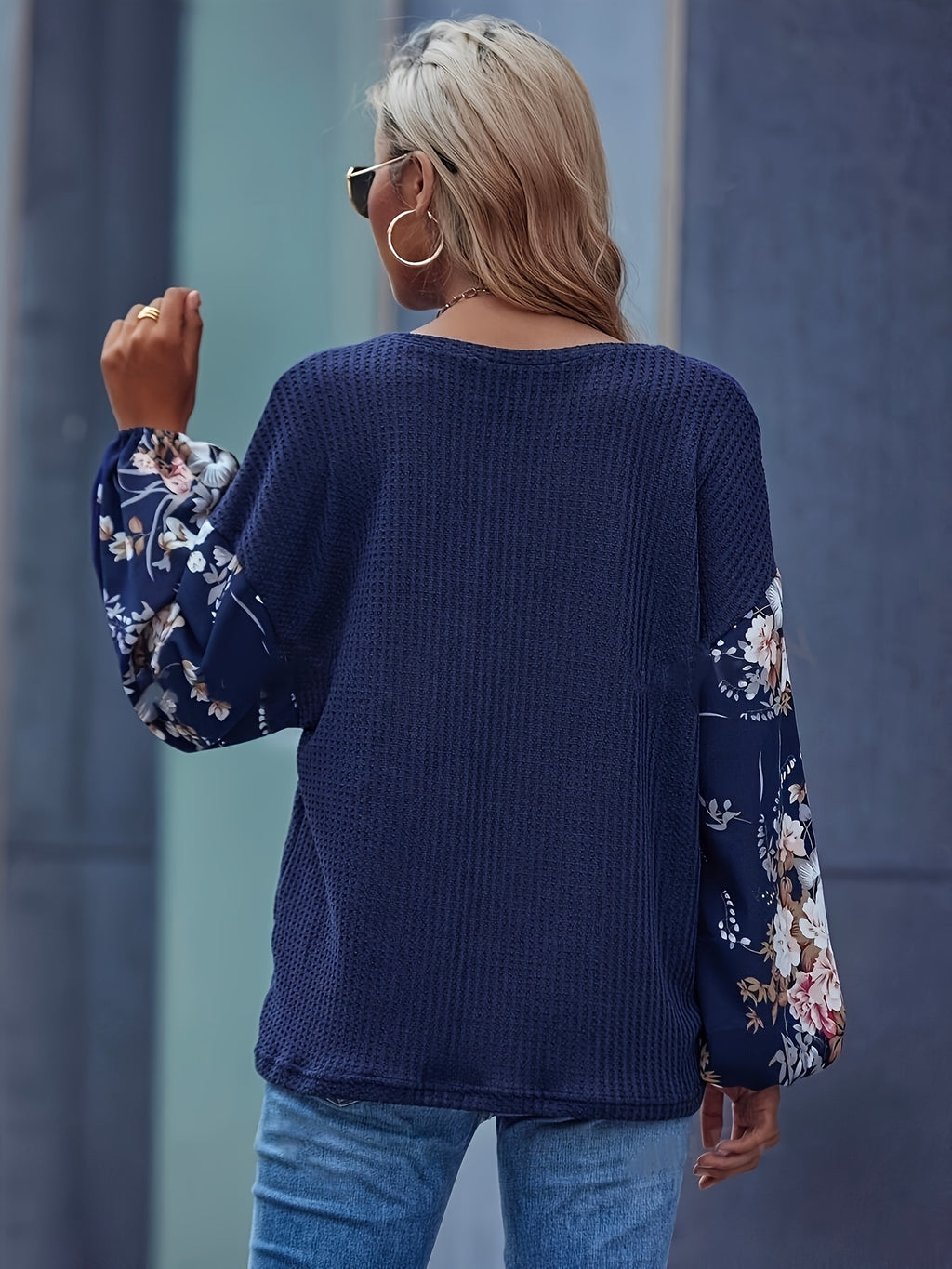 Holiday Floral Print Lantern Sleeve T-Shirt - Blue