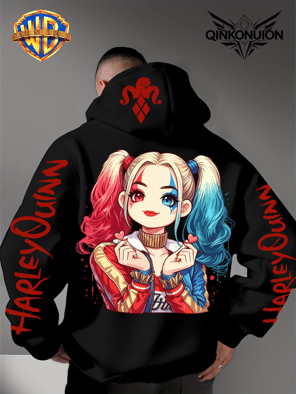 Warner Official Men'S Hoodie, Q-Version Quinn Red Blue Double Ponytail Cute Print Design, Machine Washable, Warm And Casual for Autumn And Winter, Daily Drawstring Hoodie, Multifunctional Sports And Casual Loose Fit - Black