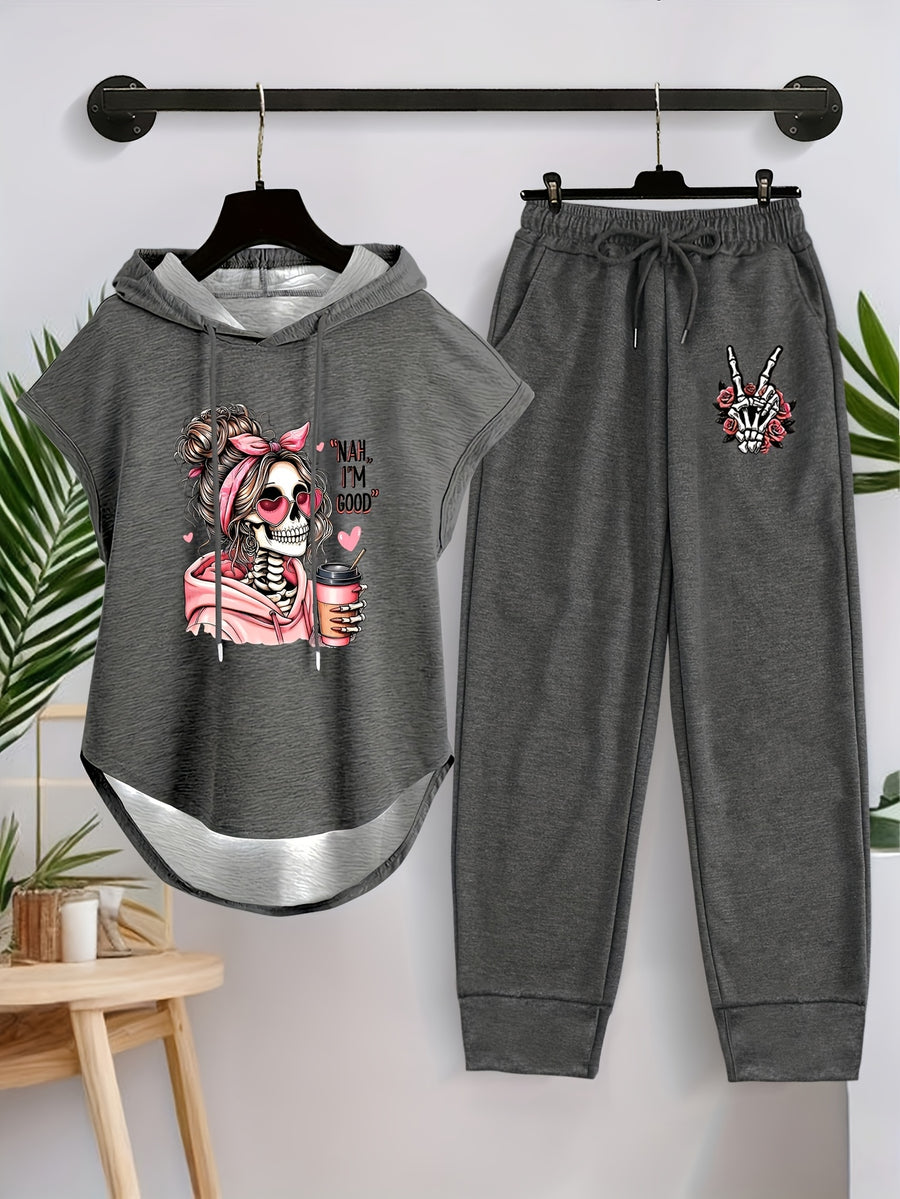2025 New Women'S Casual Two Piece Drawstring Hoodie And Pants Set - Skull with Love And Coffee Patterns, Sleeveless Hoodie with Pocket, Elastic Waist Pants, Suitable for Spring And Summer, Holiday Gift Ideas - Deep Grey