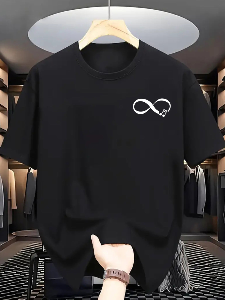 Men'S Casual Summer T-Shirt with Stylish Infinity Symbol & Heartbeat Print - Breathable Polyester, Crew Neck, Short Sleeve, Regular Fit - Perfect for Casual Attire - Black