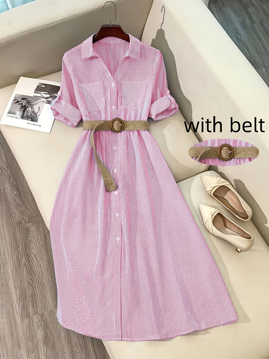 YTD Women's Casual Striped Long Sleeve Single-Breasted Pocket Long Shirt Dress HF869 with Belt - Pink