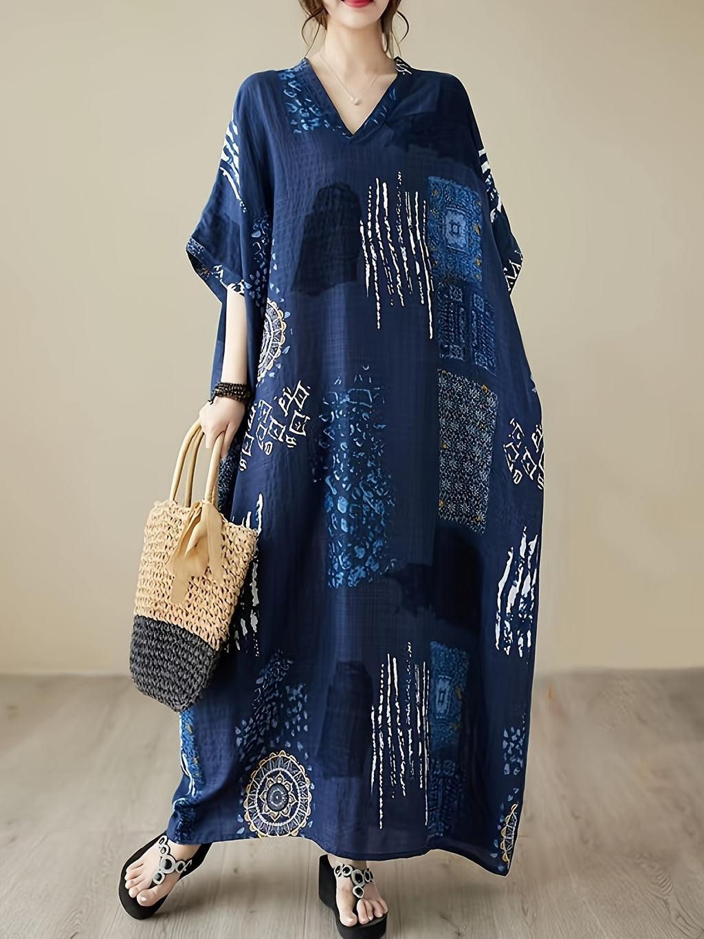 Plus Size Elegant Temperament Loose Comfortable Casual Home Dress, Holiday Travel Leisure Vacation Home Robe - Mixed colors
