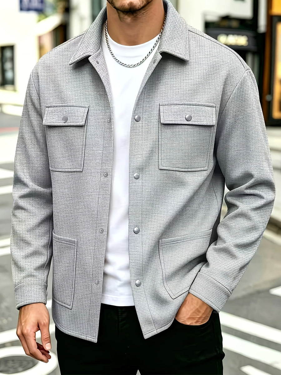 Mens Textured Waffle Shacket Collar Button Front Multi Pocket Long Sleeve Outerwear Top - Grey