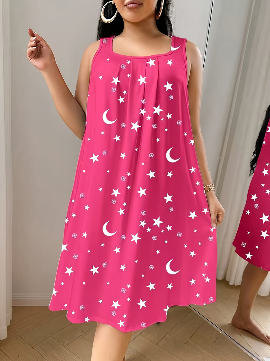 Women'S Plus Size Sleeveless Vest Dress with Star And Moon All-Over Print, Spring Summer Style, Very Comfortable Home Wear - Rose Red