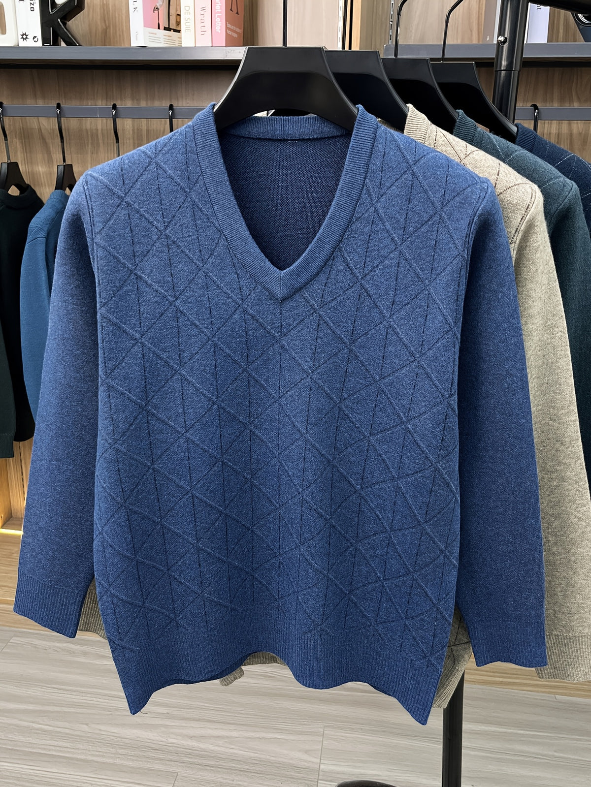 Men's V-neck Knitted Warm Casual Simple Autumn/Winter Thermal Sweater - Blue