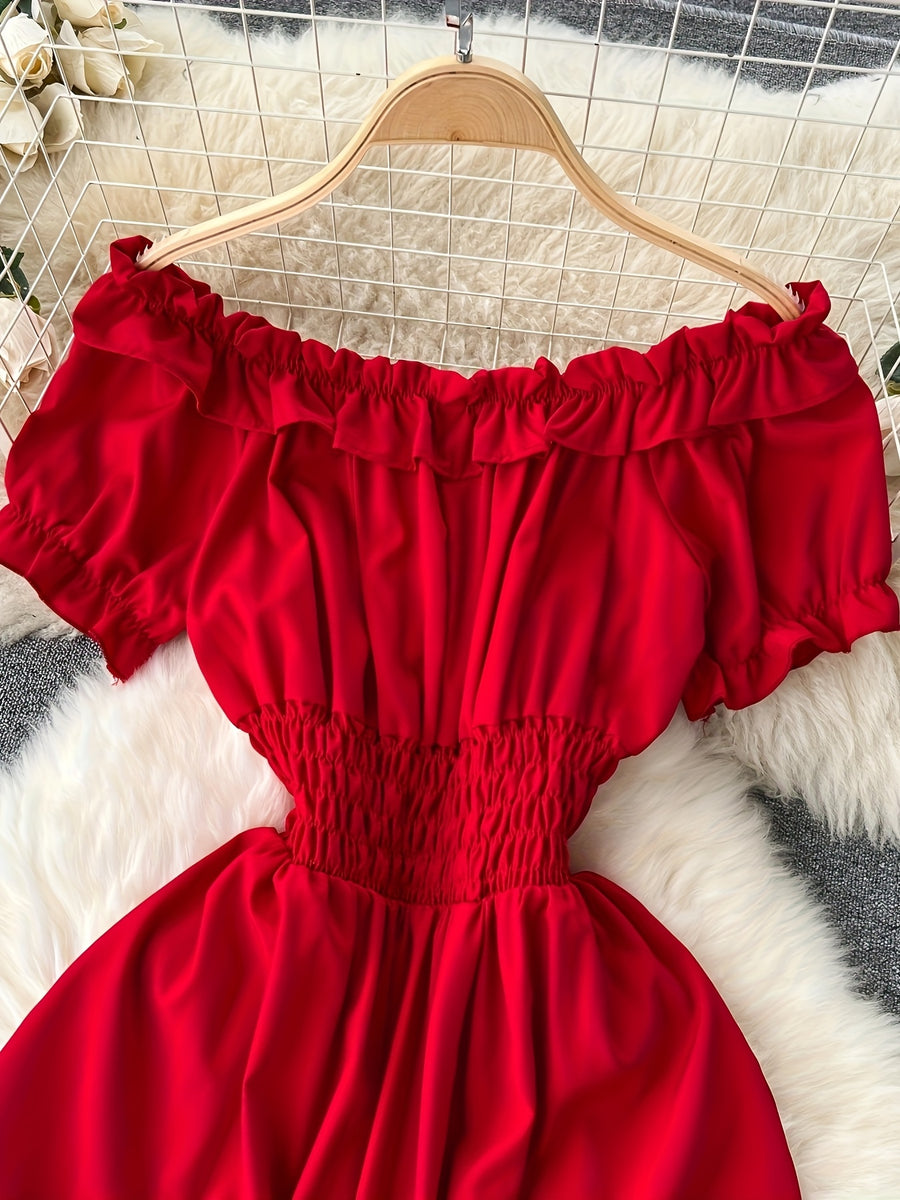 Spring/Summer French-Style Dress for Women, Solid Color, Elegant and Gentle Style, Off-Shoulder Neckline, Short Sleeves, Red Spliced Maxi Skirt, Puff Sleeves, Waist-Cinching Fairy Dress, Sweet Vacation Dress, Gavin - Red
