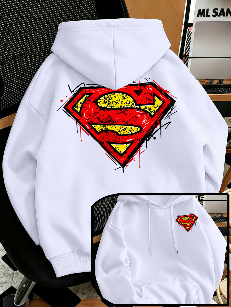 Men'S Fashion Sweatshirt, Retro Distressed Cracked Graffiti Superman Logo Print Design, Men'S Trendy Hoodie Loose Fit, Adjustable Drawstring, Fleece-Lined Sweatshirt Comfortable Fall Winter Wear, Outdoor Sports Casual Trendy Clothing - White