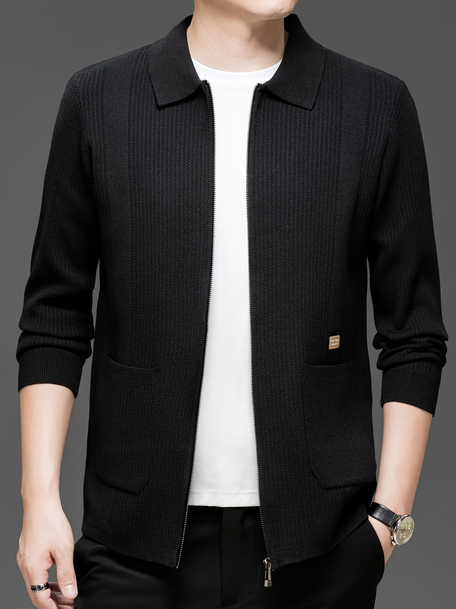 Du Jing Lan OBM Spring/Autumn New Arrival Men's Knitted Cardigan, Old Money Style Solid Color Striped Zipper Front Lapel Knit Cardigan, Men's Business Casual Fashion Zipper Front Knit Cardigan Top, Suitable for Spring, Autumn, and Winter - Black