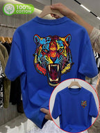 100% Pure Cotton Crew Neck Short Sleeve T-Shirt, Unisex. Features a Dazzling Tiger Head Graffiti Graphic with Double-sided Front and Back Prints, Vibrant Color-blocking, and Trendy Lettering. Breathable and Non-sticky on the Back - Royal Blue