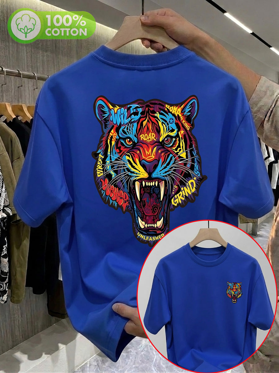 100% Pure Cotton Crew Neck Short Sleeve T-Shirt, Unisex. Features a Dazzling Tiger Head Graffiti Graphic with Double-sided Front and Back Prints, Vibrant Color-blocking, and Trendy Lettering. Breathable and Non-sticky on the Back - Royal Blue