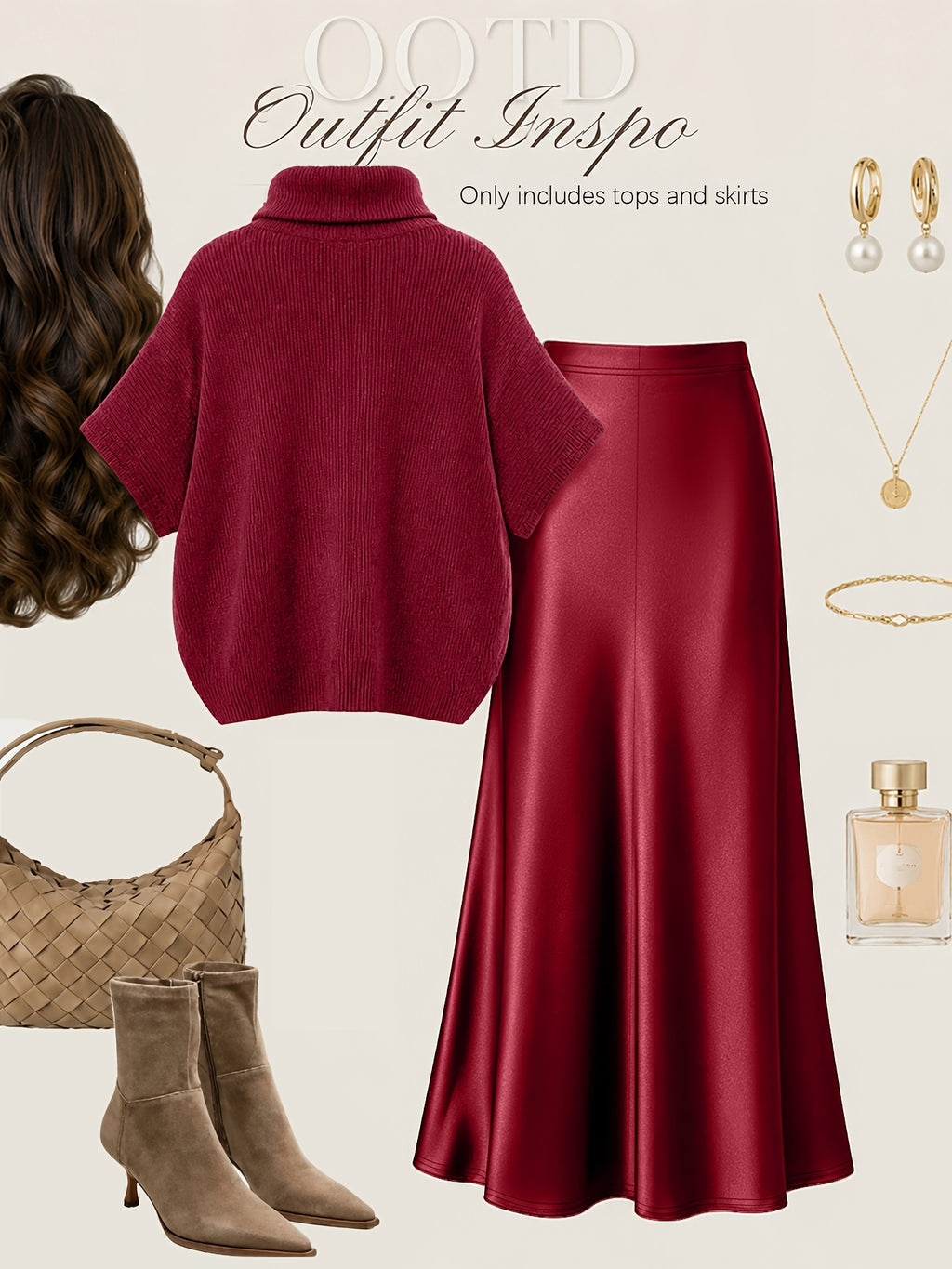 Autumn Winter Fashion Lazy Style Turtleneck Cloak Sweater And Premium Satin Fishtail Half Skirt, Temperament Elegant Commute Two-Piece Set - Burgundy