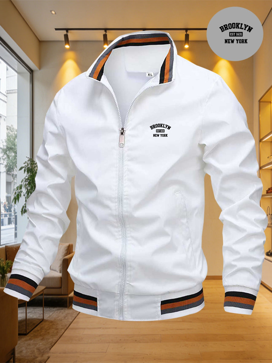 Lightweight Windproof Casual Coat with a Vintage Baseball Collar for Men, Inspired by Brooklyn, New York - White