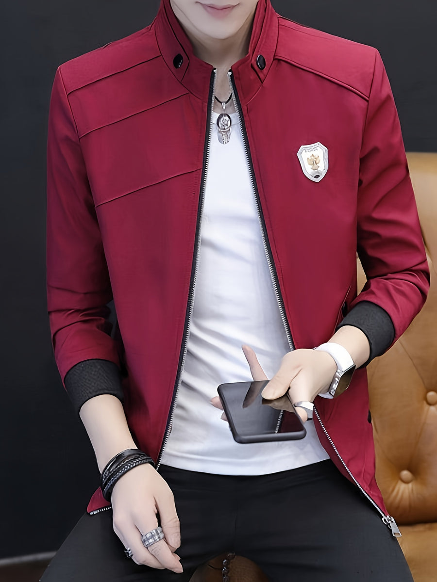 Men's Slim-Fit Stand Collar Jacket - Elegant Beige Polyester with Black Accents, Casual Business Style for Spring and Fall, Stylish Layering Piece | Zipper Closure Jacket | Tailored Fit - 10602 Badge - 888 Wine Red