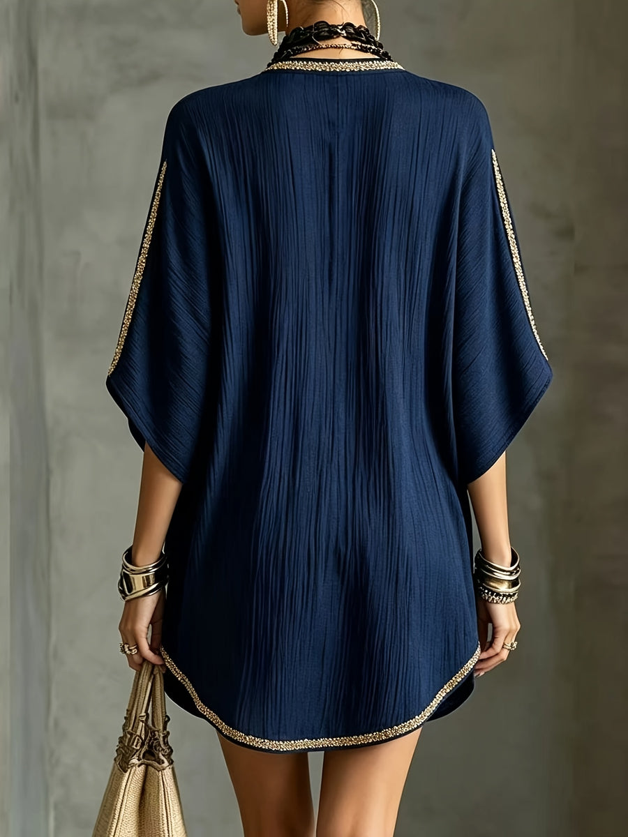 Women's Sequined Deep V-Neck Mini Dress - Navy Color